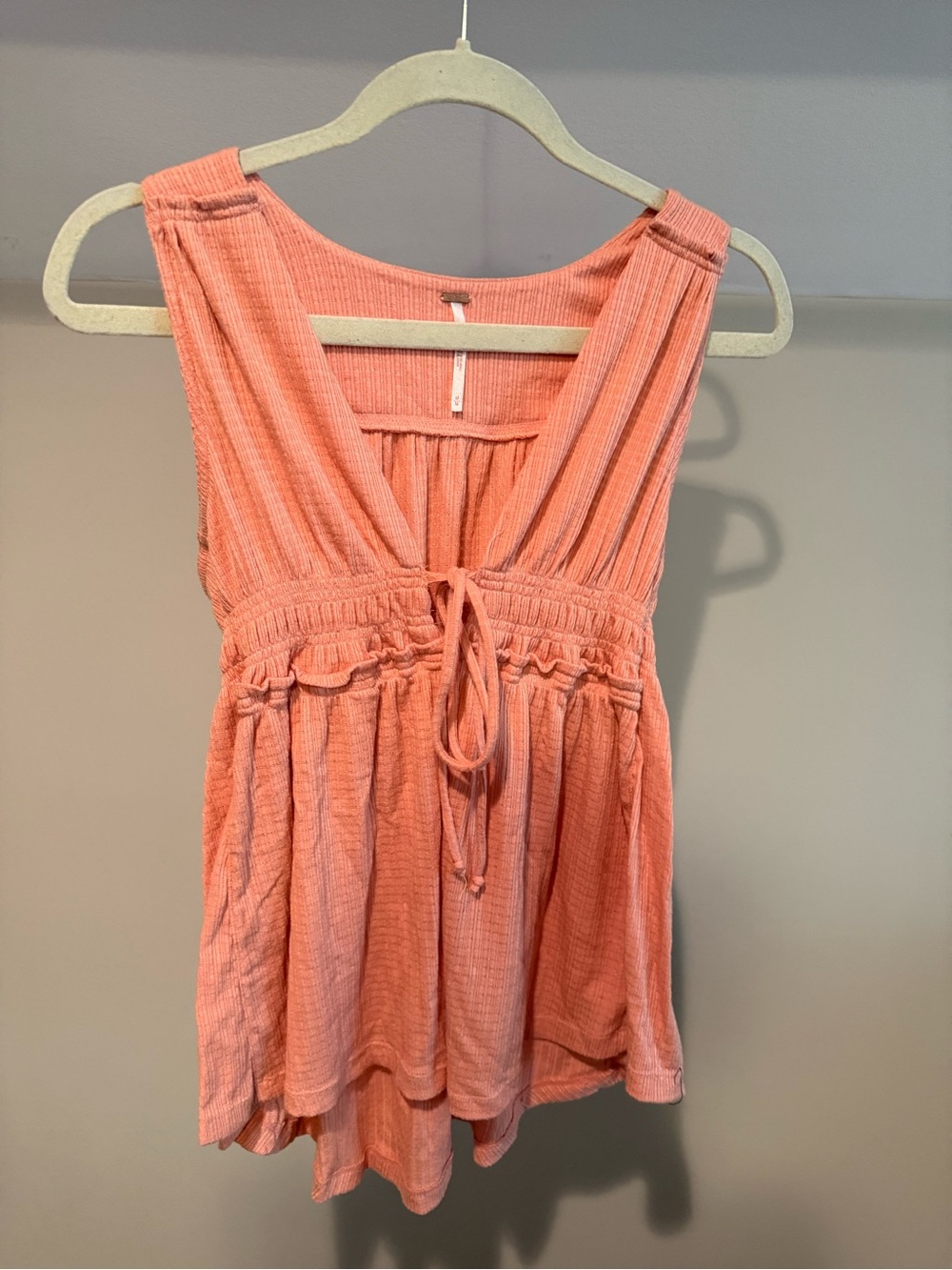 Free People Coral Pink Ribbed V-Neck Tie-Waist Camisole